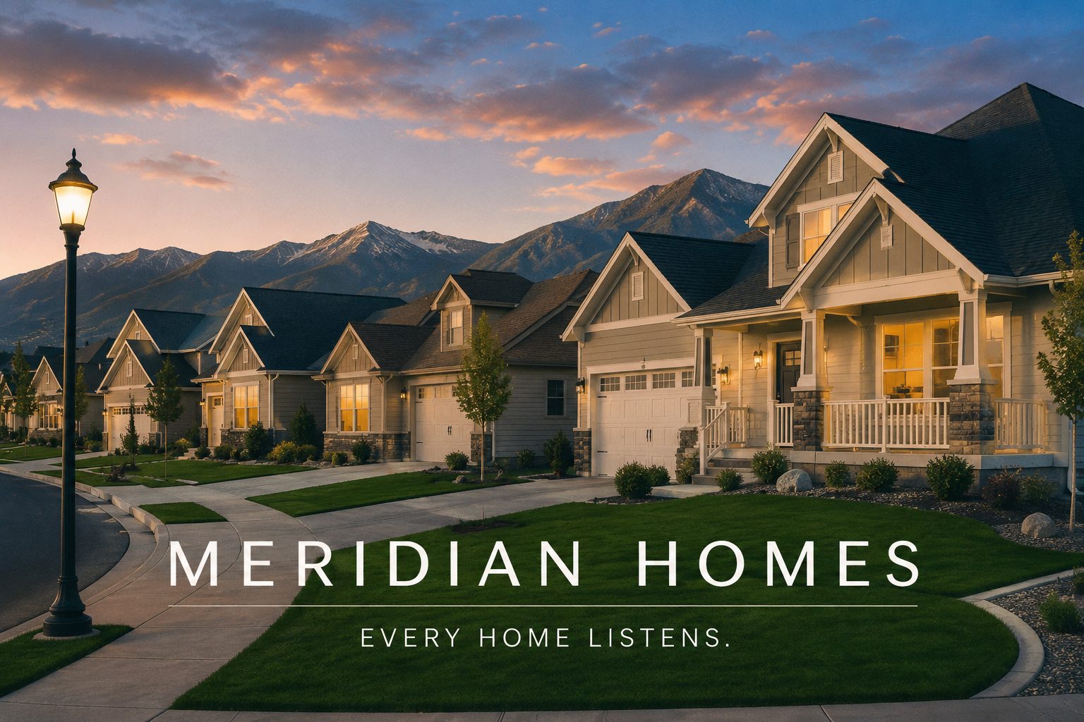 A row of identical warm-lit Meridian craftsman homes at dusk beneath the mountains, with the tagline Meridian Homes: Every Home Listens.