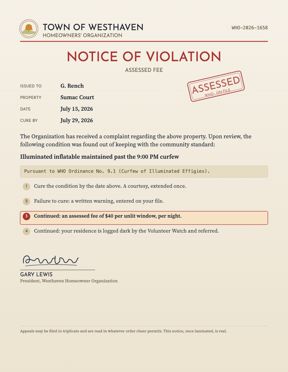 A completed Notice of Violation issued by the Town of Westhaven Homeowners' Organization to G. Rench of Sumac Court, for an illuminated inflatable maintained past the 9:00 PM curfew, stamped ASSESSED and signed by President Gary Lewis.