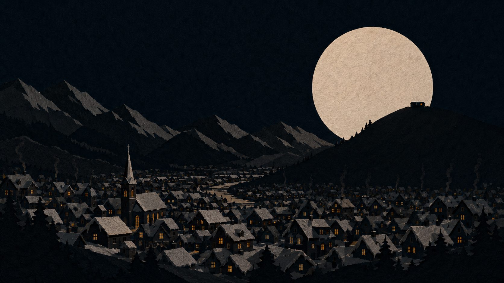 Westhaven at night: a valley full of snow-roofed houses and one lit church spire under a huge cream moon, a single cabin alone on the far hill.
